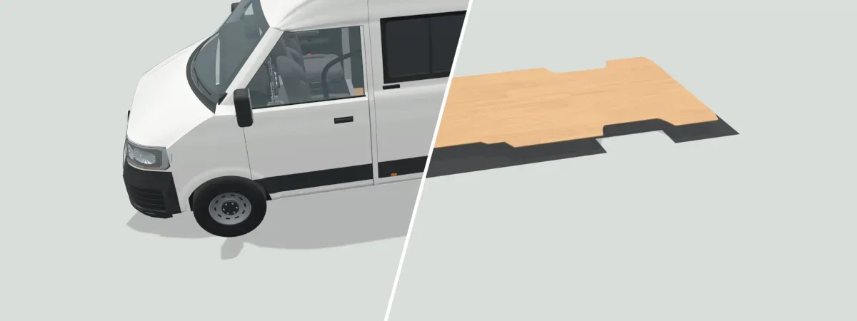 The 3D designer's LWB van beside its empty floor