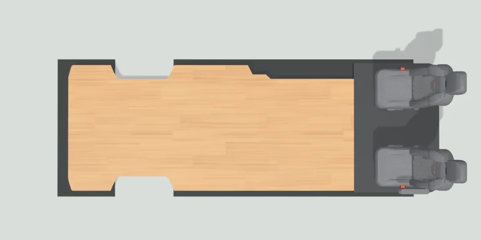 An empty LWB van from above in the 3D designer, with just the floor and the cab seats