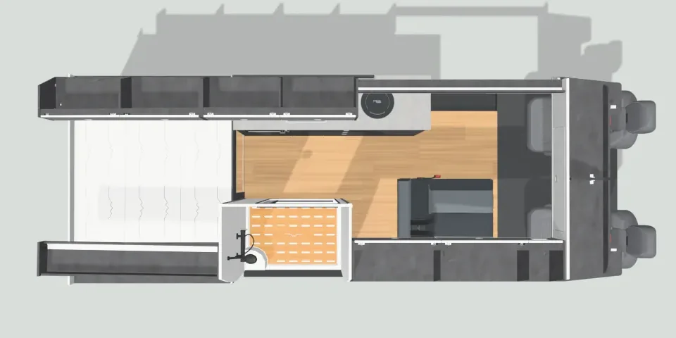 Layout 1 from above in the 3D designer, in an LWB van: bed box, shower, kitchen pod, top lockers and shelf