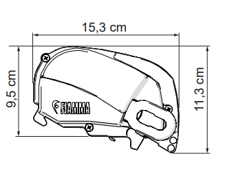 Side view of the Fiamma F80S aluminium case, 15.3 cm wide, 11.3 cm tall and 9.5 cm deep.
