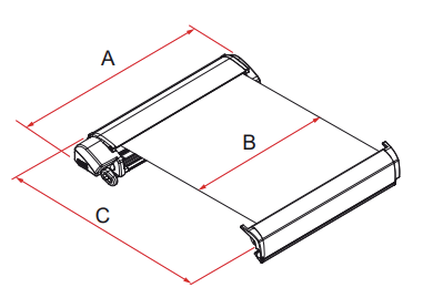 Diagram showing the Fiamma F80S awning extended, with A marking the case length, B the canopy width and C the projection distance.