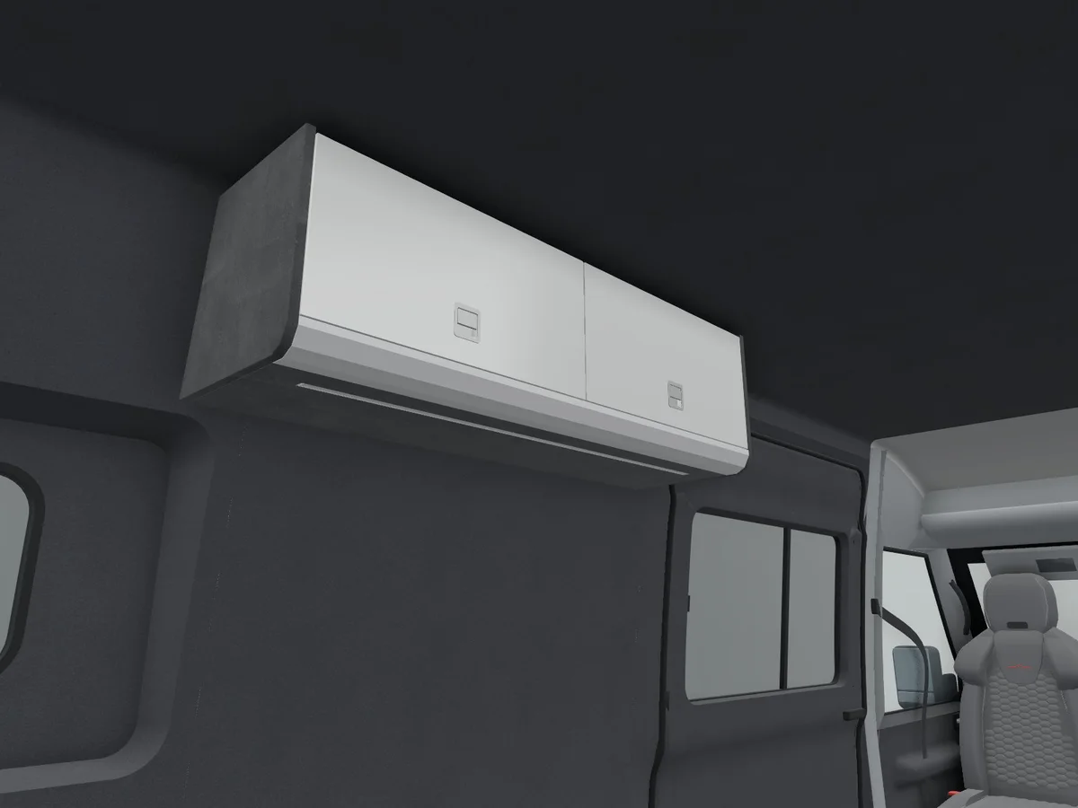 A two-door top locker scribed to a 2017 on VW Crafter, in 3D