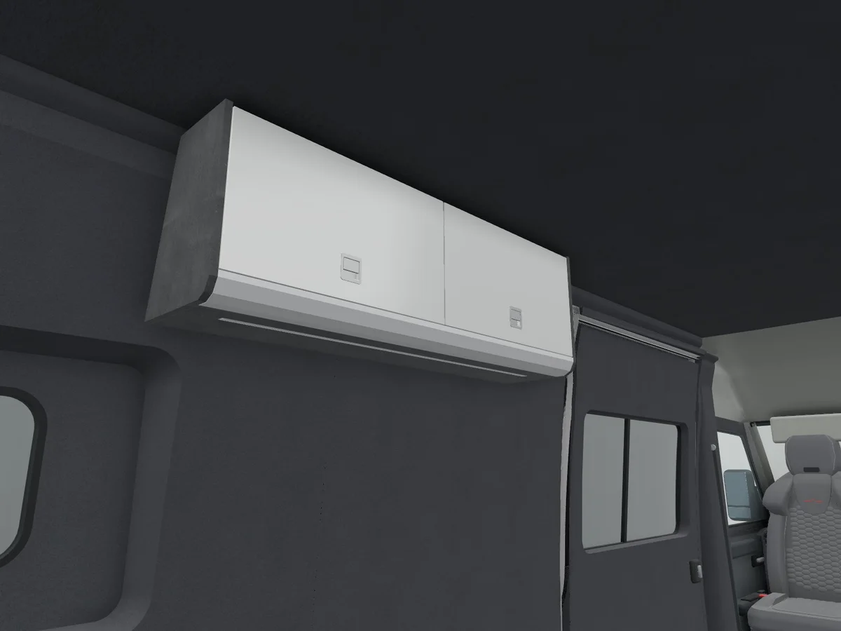 A two-door top locker scribed to a 2018 on Mercedes Sprinter, in 3D