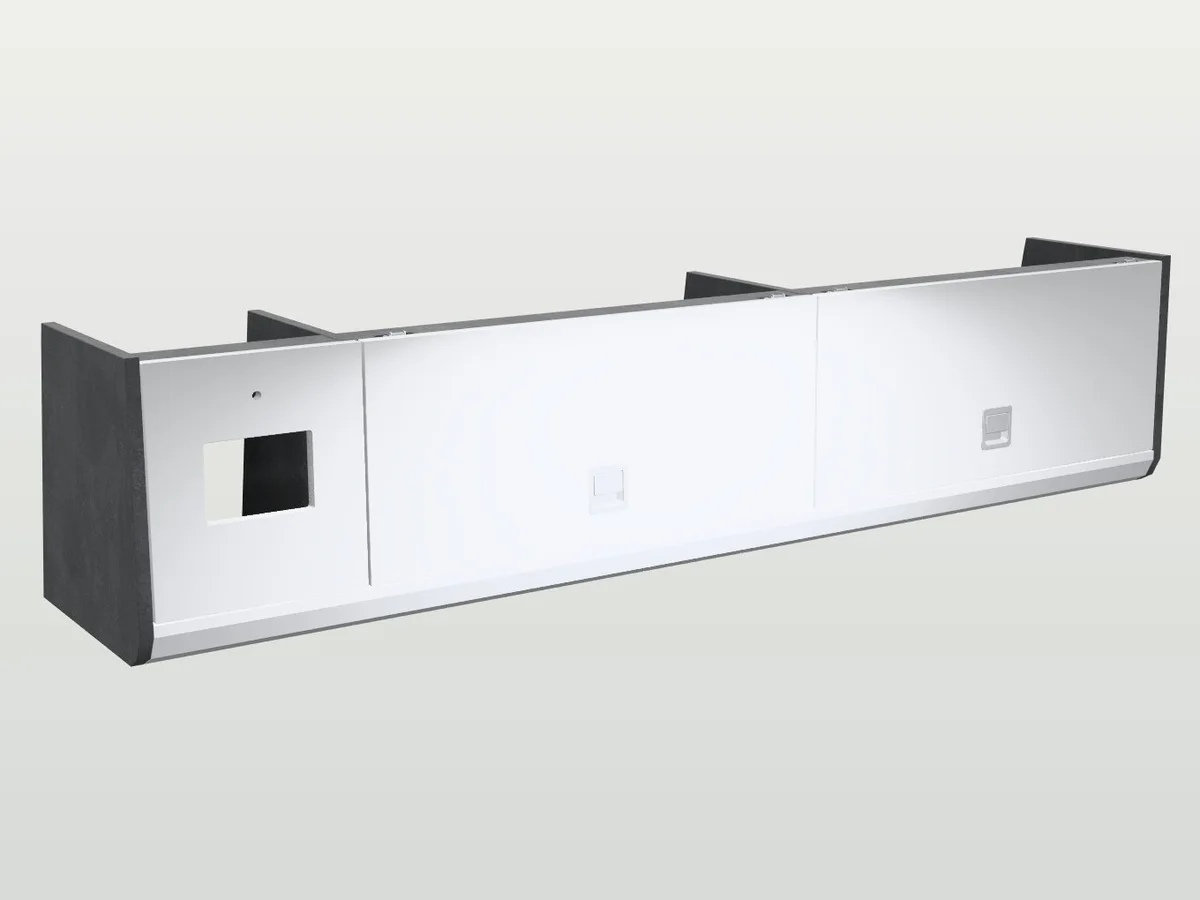 A top locker with a Truma control panel at one end, in 3D