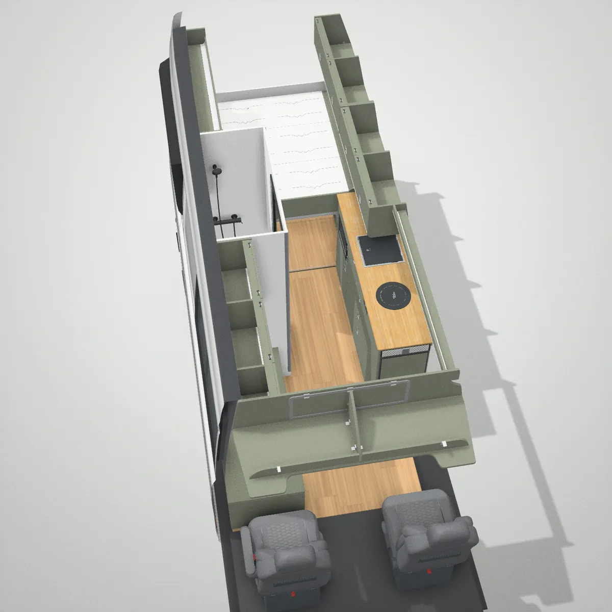 Layout 2 in an LWB Crafter in the VANZ 3D designer: kitchen, shower, bed box and top lockers in Reed Green