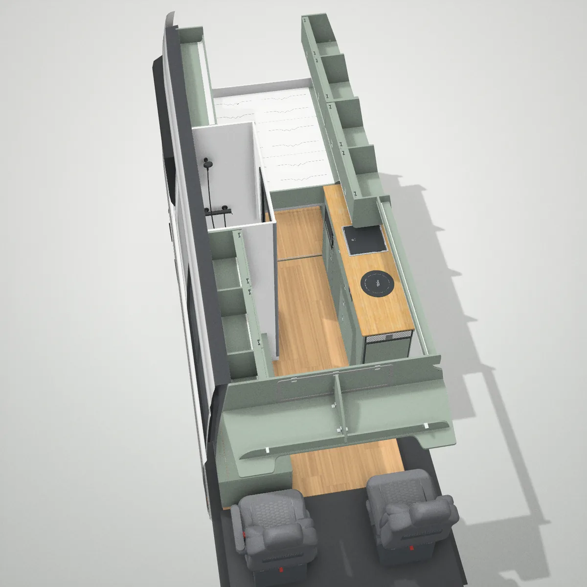 Layout 2 in an LWB Crafter in the VANZ 3D designer: kitchen, shower, bed box and top lockers in Salvia