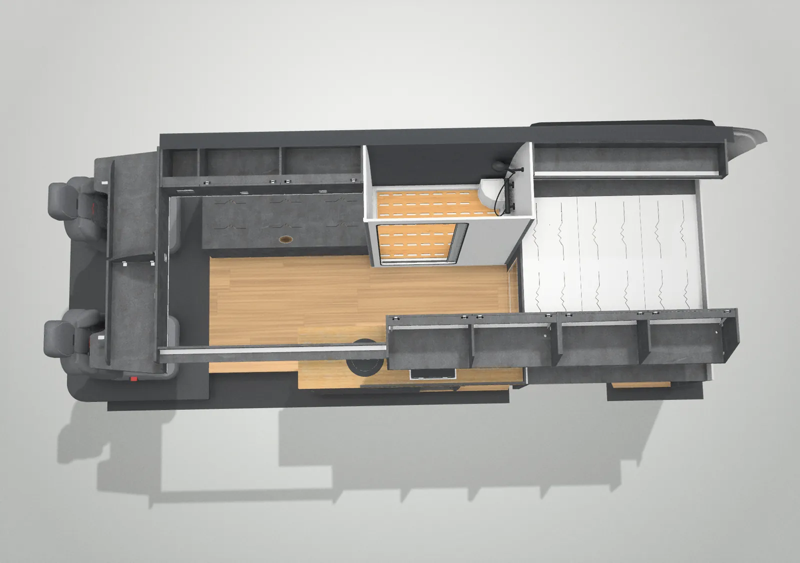 The VANZ 3D layout designer from above: Layout 2 in an LWB Crafter 2017+ in Slate Grey, with the D6 kitchen, a 1,160 shower, a bench seat and the bed box