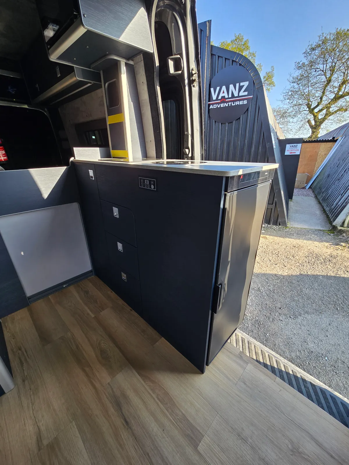 A D1 90L kitchen pod fitted in a Sprinter, at our workshop
